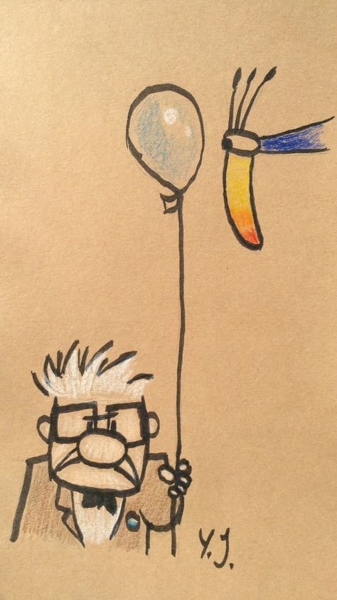 Drawing of Carl and Kevin from the Disney Pixar movie UP. By Yenthe J. Up The Movie Drawings, Up Movie Drawing House, Up Drawings Pixar, Up House Drawing Easy, Up Pixar Art, Movie Drawings Easy, Up Drawing, Up House Drawing, Up Movie Characters