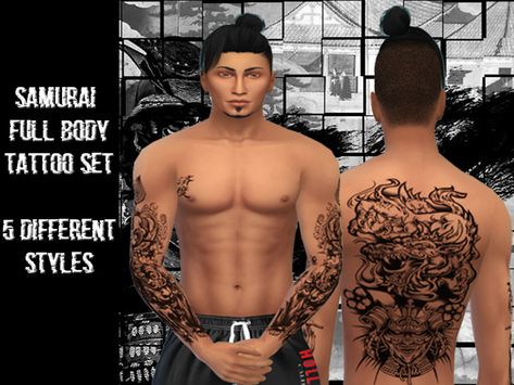 Evemor's Samurai Full Body Male Tattoo Set Sims 4 Samurai, Sims 4 Full Body Tattoo, Male Sims, Body Male, Sims 4 Tattoos, Victorian Vampire, Full Body Tattoo, Women's Tattoo, Tattoo Set