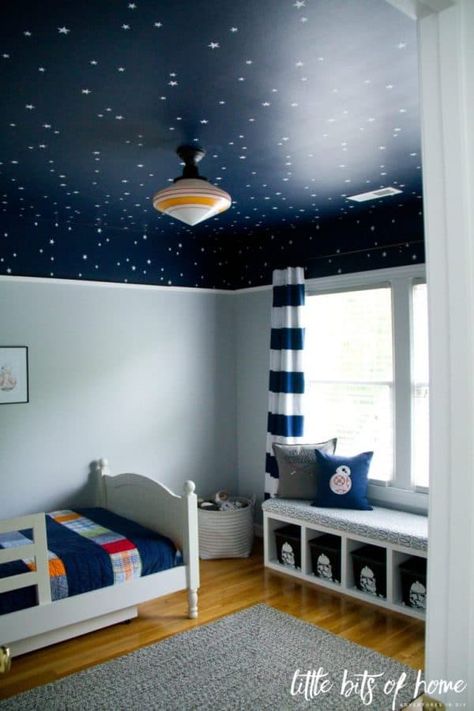 A navy blue ceiling with stars. Naval is the perfect navy blue even when it's not on walls! Star Wars Kids Bedroom, Boy Room Paint, Star Wars Bedroom, Space Themed Bedroom, Star Wars Room, Decor Ikea, Boys Bedroom Decor, Toddler Bedrooms, Big Boy Room