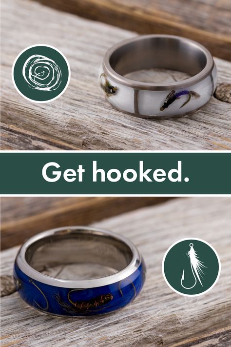 Show off your love of #fishing with a custom fly fishing wedding band! Fly Fishing Wedding, Fishing Jewelry, Perch Fishing, Fishing Wedding, Fish Jewelry, Fish Finder, Mens Rings, River Fishing, Types Of Fish