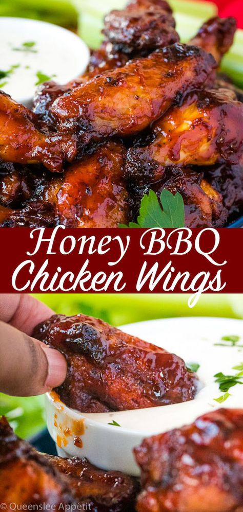 Honey BBQ Chicken Wings ~ Recipe | Queenslee Appétit Peking Chicken, Chicken Wing Sauce Recipes, Honey Bbq Chicken Wings, Sticky Wings, Bbq Chicken Wings Recipe, Wings Recipe Baked, Honey Bbq Wings, Spicy Baked Chicken, Chicken Tenders Recipe