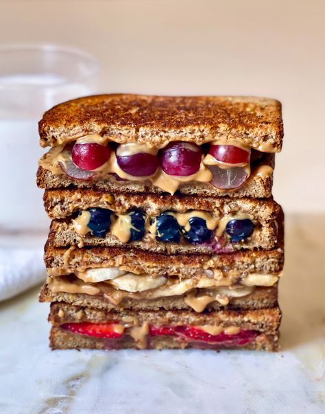 Grilled PB & Fruit Savory Sandwiches, Joy Bauer Recipes, Banana Toast, Joy Bauer, Sweet Potato Brownies, Peanut Butter Sandwich, Peanut Butter And Jelly, Peanut Butter Jelly, Soup And Sandwich