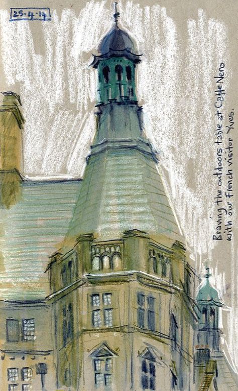 Enjoy These Cityscapes In The Form Of Urban Sketches: 40 Beautiful Locations - Bored Art Strathmore Sketchbook, Sketching Architecture, Chalk Sketch, Chalk Pastel Art, Grey Paper, Urban Sketches, Watercolour Pencils, A Level Art Sketchbook, City Sketch