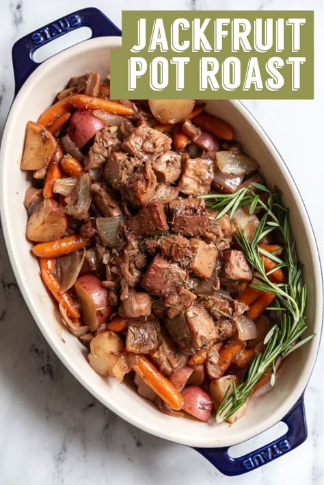 Jackfruit Pot Roast- you're going to absolutely love this vegan pot roast recipe. It's perfect as a vegan main dish for thanksgiving and holidays! #vegan #jackfruit #vegetarian #thanksgivingrecipe Jack Fruit Pot Roast, Wfpb Thanksgiving Recipes, Veggie Pot Roast, Jackfruit Pot Roast Crockpot, Jackfruit Pot Roast, Recipes With Jackfruit, Vegan Pot Roast, Vegetarian Thanksgiving Main Dish, Vegan Jackfruit