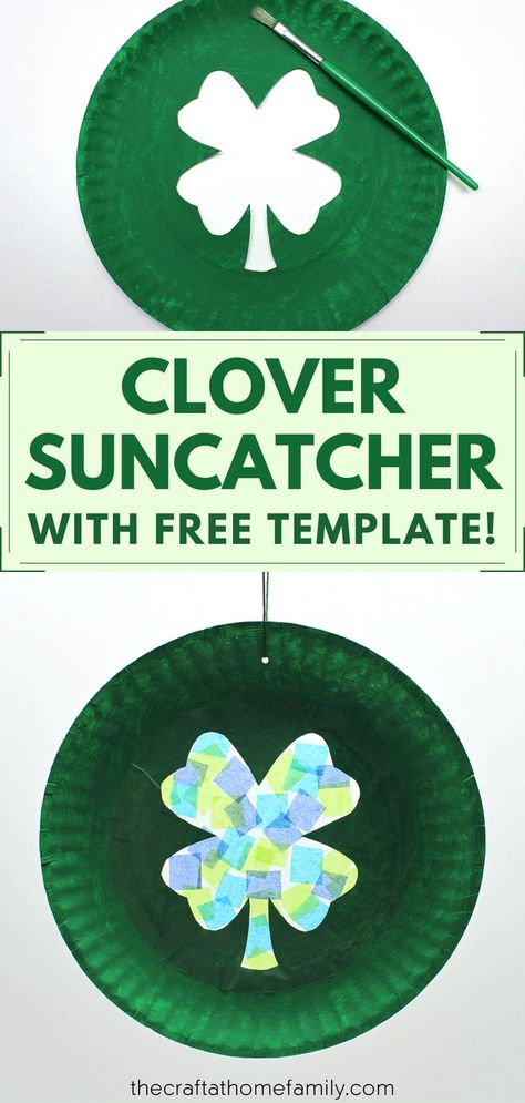 This gorgeous clover-shaped suncatcher is deceptively simple to make, and it even comes with a free printable shamrock & 4-leaf clover template that you can download and print at home! Such a fun St Patrick's Day craft for kids to do—and it's so easy to make that even toddlers and preschoolers will have a blast with it! This easy DIY clover craft is perfect for the home or the classroom and makes a great preschool art project to decorate your windows! Download our free printable to get started! St Patrick's Day Paper Plate Crafts, Paper Plate Shamrock Craft, Four Leaf Clover Preschool Art, Saint Patrick's Crafts For Kids, 4 H Clover Project Ideas, Quick And Easy St Patricks Day Crafts, Clover Craft For Kids, Lucky Charm Craft For Toddlers, Shamrock Science Preschool