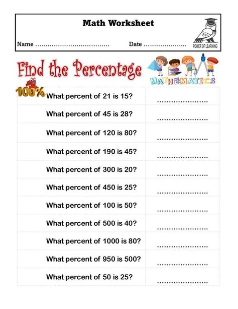 Percentage Math Worksheet - Find the Percentage - Grade 5 Composition Worksheet, Math Worksheets For Kids, Percentages Math, Proportions Worksheet, Grade 5 Math Worksheets, Educational Websites For Kids, Number Worksheet, Math Addition Worksheets, Free Math Worksheets