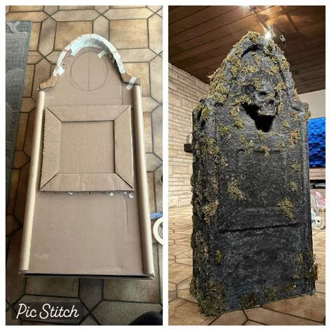 Diy Halloween Decorations Graveyard, Wooden Halloween Tombstones, Diy Gravestone Halloween Cardboard, Diy Halloween Statues, Cardboard Gravestones Diy, Big Diy Halloween Decorations, Diy Halloween Walkthrough, Halloween Diy Cemetery, Diy Grave Decorations Halloween