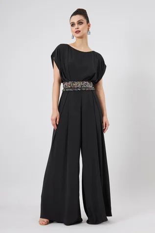 Jumpsuit With Belt, Embellished Belt, Black Plain, Belt For Women, Jumpsuit Pattern, Belt Black, Silk Crepe, Black Jumpsuit, Black Silk