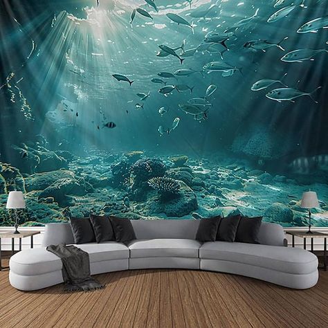 Relaxing Room Decor, Sunset Theme Bedroom, Underwater Theme Bedroom, Enchanted Forest Room, Beach Theme Bedroom, Forest Room Decor, Wall Mural Ideas, Underwater Bedroom, Shark Room