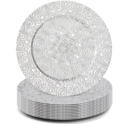 PRICES MAY VARY. Elegant Design: Our charge plate is decorative embossed veins of phoenix, instantly add touch of elegance and classy style to your dining tables in your home or in your event Great Value: Including 12 pack silver charger plates. Diameter is 13 inch. They're large enough to accommodate small to regular-sized plates and serving bowls Premium Material: SOUJOY Charge plate is made of high quality plastic polypropylene, they are not only lightweight for easier transport but much more Silver Charger Plates, Phoenix Pattern, Silver Chargers, Vintage Wine Glass, Gold Charger Plate, Winter Wedding Table, Coffee Pod Storage, Gold Chargers, Serve Ware