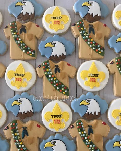 Eagle Cookies, Eagle Cookies Decorated, Eagle Scout Cookies Decorated, Eagle Scout Cookies, Boy Scout Uniform, Eagle Scout Ceremony, Eagle Scouts, Royal Iced Cookies, Girl Scout Swap