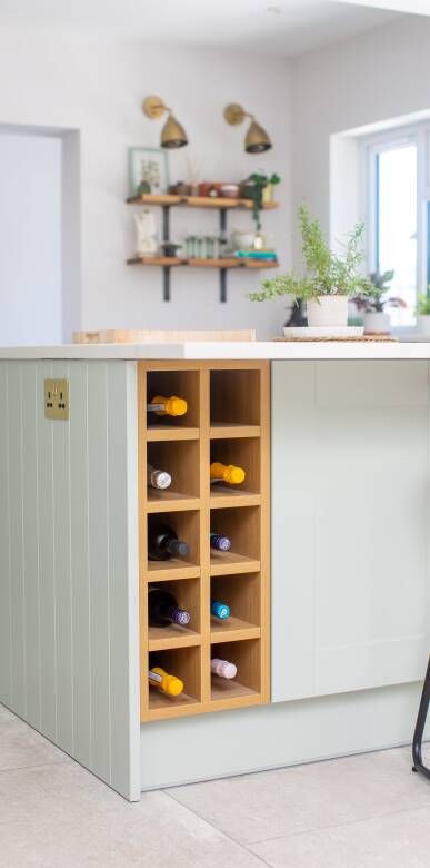 Wine Cubby In Kitchen, Built In Wine Storage Kitchen, Wine Rack Kitchen Island, Wine Rack In Island, Kitchen Island Wine Rack, Kitchen With Wine Rack, Wine Storage Kitchen, Kitchen Wine Fridge, Small Wine Fridge