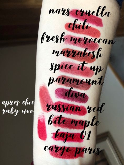 Mac Spice It Up, Nars Cruella, Mac Spice, Mac Chili, Mac Russian Red, Mac Diva, Mac Ruby Woo, Chili Mac, Russian Red