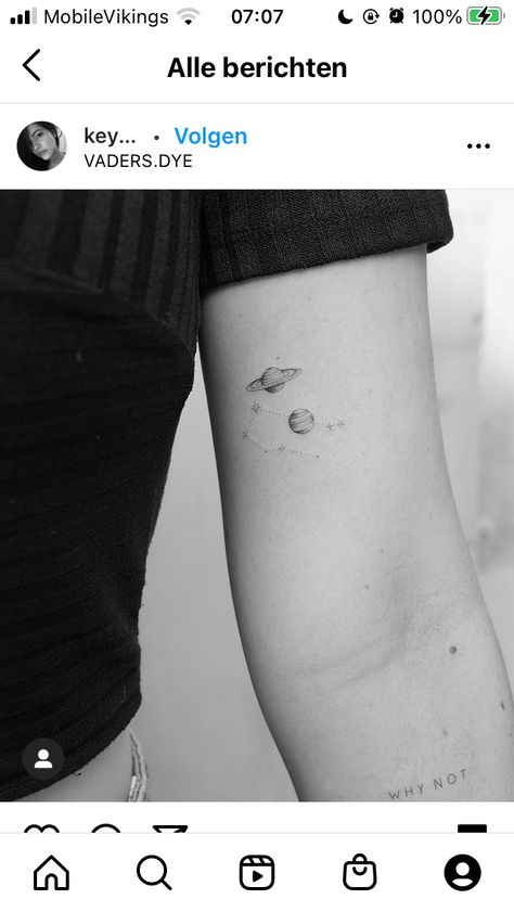 Minimalistic Universe Tattoo, Jupiter Saturn Tattoo, Small Neptune Tattoo, Minimal Galaxy Tattoo, Minimalistic Planet Tattoo, Simple Jupiter Tattoo, Mini Universe Tattoo, Jupiter And Saturn Tattoos, Venus Tatoos Ideas