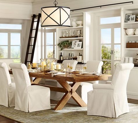 Pottery Barn: TOSCANA EXTENDING DINING TABLE (shown in Vintage Spruce Finish) Covered Dining Chairs, Slip Covered Dining Chairs, Pottery Barn Dining Room, Pottery Barn Dining, Dining Chair Slipcovers, Dining Room Inspiration, Farmhouse Dining, Rectangular Dining Table, Slipcovers For Chairs