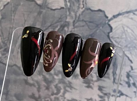 Hu Tao Inspired Nails, Hsr Nails, Genshin Nails Design, Genshin Impact Nails, Genshin Nails, Gyaru Nails, Matching Nails, Sharp Nails, Special Nails