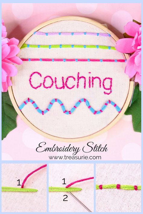 Couching Stitch - Easy Embroidery Step by Step | TREASURIE Couching Embroidery Stitch, Chunky Embroidery Stitches, Couch Stitch Embroidery, Embroidery Couching Stitch, Couching Stitch Embroidery Designs, Couch Stitch, Couching Stitch Embroidery, Couching Embroidery Design, Couched Embroidery