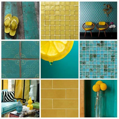 Yellow, turquoise & brown Tile Color Palette, Yellow Bathroom Walls, Diy Tub, Teal Bathroom Ideas, Teal Bathroom, Old Bathrooms, Walker Zanger, Yellow And Teal, Yellow Tile