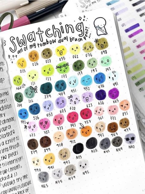 Marker Swatch Ideas, Colour Swatches Sketchbook, Tombow Dual Brush Pen Swatches, Tombow Color Palettes, Tombow Dual Brush Pen Drawings, Marker Swatches, Pen Swatches, Bullet Journal Markers, Tombow Art