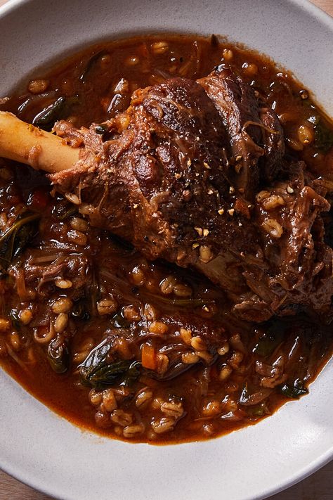 French Onion-Braised Lamb Shanks With Barley and Greens Recipe - NYT Cooking Braised Lamb Shanks, Beef Short Rib Recipes, Sweet Onions, Lamb Chop, Lamb Leg, Homemade Chicken Stock, Braised Lamb, Lamb Shanks, Nyt Cooking