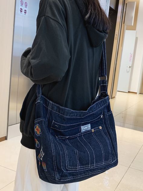 Strap Jeans, Tote Bags For School, Hobo Tote Bag, Casual Crossbody Bag, Denim Handbags, Geometric Graphic, Cross Bag, Eco Bag, Denim Bag