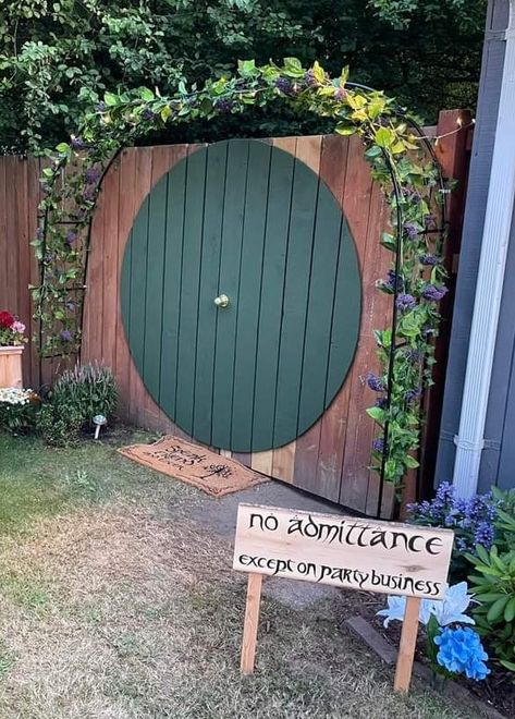 Lord Of The Rings Photo Booth, Lord Of The Rings Cornhole Boards, The Shire Birthday, Hobbit Door Backdrop, Lord Of The Rings Trunk Or Treat Ideas, Lotr Halloween Decor, Lotr Trunk Or Treat, Lord Of The Rings Bday Party, The Shire Birthday Party