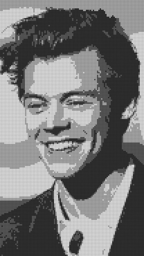 Celebrity Cross Stitch Patterns, Tapestry Crochet Harry Styles, Harry Styles Cross Stitch Patterns, Harry Styles Crochet Grid, Pixel Art Celebrities, One Direction Alpha Pattern, Celebrity Pixel Art, Alpha Pattern Harry Styles, One Direction Pixel Art