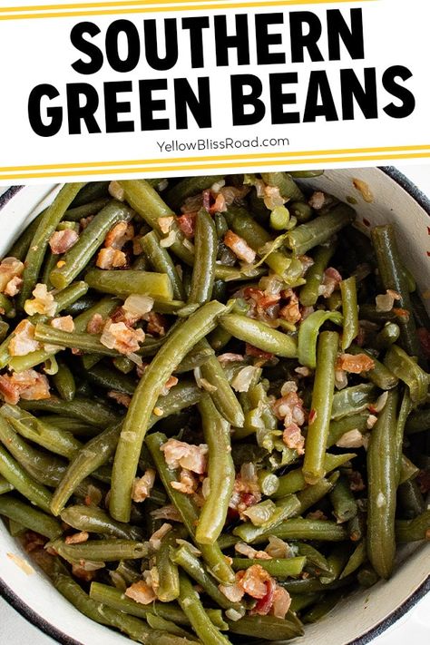 Southern Green Beans are simmered low in chicken broth until they are nice and tender. Crispy bacon adds the perfect texture to the dish. Bill Millers Green Beans Recipe, Southern Green Beans With Bacon, Soul Food Green Beans, Country Green Beans, Southern Green Bean Recipes, Recipe Green Beans, Southern Style Green Beans, Southern Green Beans, Slow Cooker Baked Beans