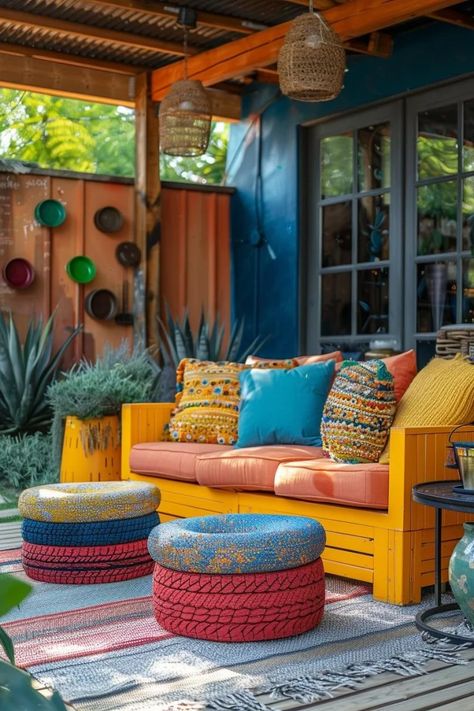 15 Gorgeous Budget-Friendly Back Patio Ideas 20 Building A Fire Pit, Colorful Patio Decor, Back Patio Ideas, Colorful Patio, Boho Patio, Outdoor Patio Designs, Patio Planters, Garden Decor Projects, Colorful Throw Pillows