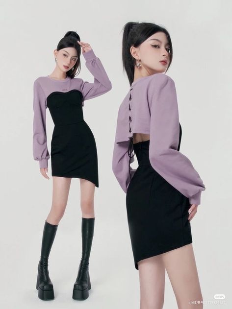 Turn Around Pose, Poses For Dresses, Fashion Poses Sketch, Two Piece Dress Casual, Female Pose Reference, Standing Poses, Purple Design, Female Poses, Kpop Outfits