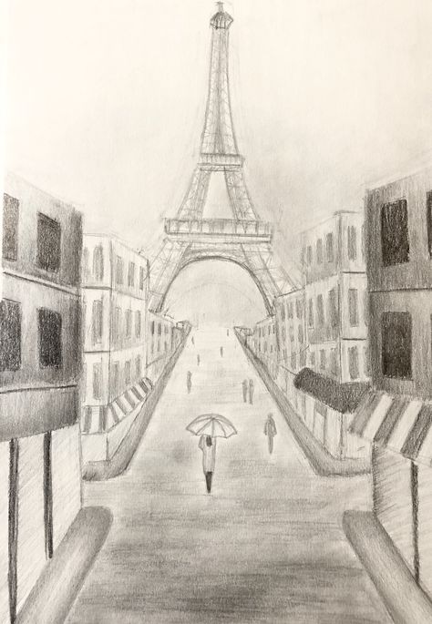 Eiffel Tower Sketch Easy, London Perspective Drawing, Street Drawing Sketches Easy, Winter Drawing Ideas Sketch Easy, Pencil Art Drawings City, City Streets Drawing, Paris Sketch Easy, How To Draw Eiffel Tower, Drawing Ideas Paris