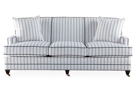 Maxfield 75" Sofa, Navy/Ivory Sunbrella Stripe Sofa, Sofa Navy, Transitional Sofa, Transitional Sofas, Striped Sofa, Settee Sofa, Side Design, Cushion Design, Couch Pillows