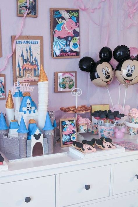 Take a look at this fun vintage Disneyland-inspired birthday party! The dessert table is awesome! See more party ideas and share yours at CatchMyParty.com Disney Parks Themed Party, Retro Disney Birthday Party, Disneyland Theme Birthday Party For Girl, Vintage Disney Baby Shower Ideas, Disney World Birthday Party, Disneyland Birthday Party, Vintage Disneyland Party, Vintage Disney Birthday Party, Disneyland Party