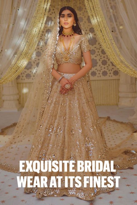 Abhinav Mishra Bridal Collection Destination Wedding Colors, Embellished Lehenga, Civil Dress, Tissue Dupatta, Abhinav Mishra, Golden Fabric, Gold Lehenga, Mirror Work Lehenga, Fabric Skirt