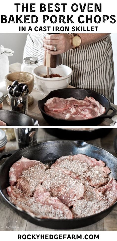 Pork Chops Cast Iron Skillet, Iron Skillet Pork Chops, Cast Iron Steak Oven, Steak 48, Steak Oven, Skillet Pork Chop Recipes, Shake And Bake Pork, Oven Baked Pork Chops, Cast Iron Skillet Recipes Dinner