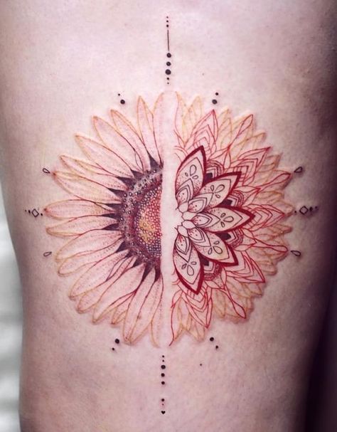 Sunflower Mandala Tattoo, Tattoo Calf, Lotusblume Tattoo, Sunflower Mandala, Wolf Tattoo Design, Geniale Tattoos, Sunflower Tattoos, Mandala Tattoo Design, Sunflower Tattoo Design