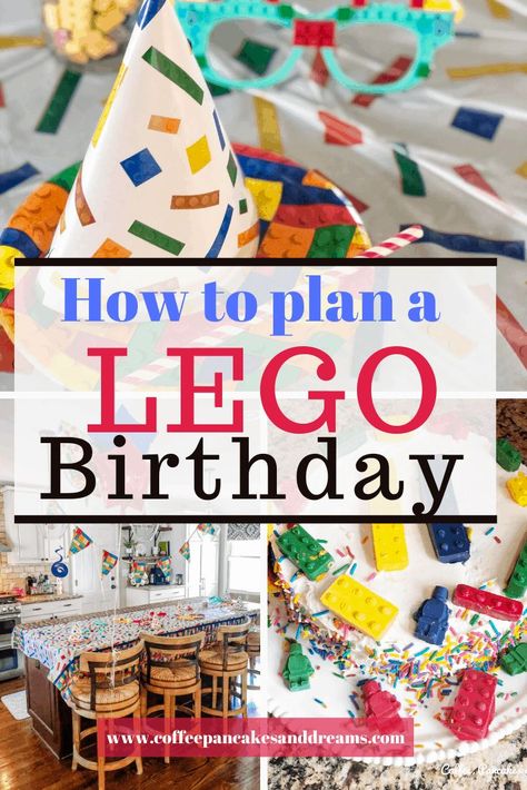 Lego Birthday Party Ideas Lego Birthday Ideas, Lego Party Hat, Lego City Birthday, Lego Themed Cake, Lego Balloons, Lego Birthday Party Ideas, Lego Movie Birthday, Lego Party Decorations, Lego Movie Party