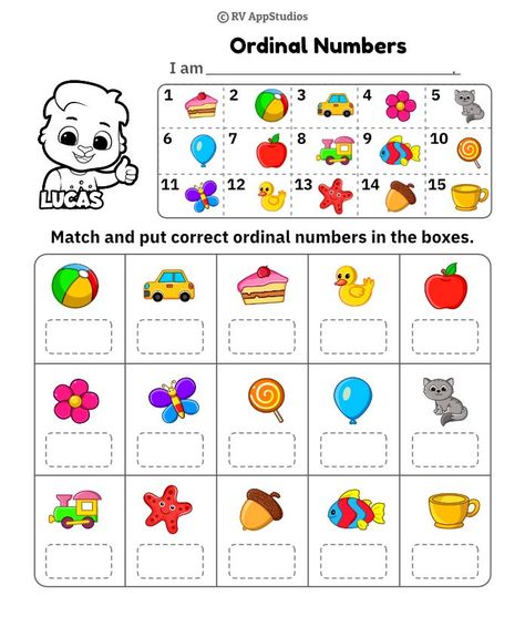 A colorful picture has an ordinal number written in the top left corner of its box. Find the same object on the worksheet and write that ordinal number below it. Help kids understand which position is first, second, third, fourth, fifth, and so on with this worksheet. #mathsforkids #ordinalnumbers #rvappstudios #education #numbers Ordinals Worksheet For Kindergarten, Ordinal Numbers Worksheets Kindergarten, Ordinal Numbers Worksheets, Easy Math Worksheets, Rhyming Words Worksheets, Number Worksheets Kindergarten, Math Fact Worksheets, Number Worksheet, Numbers Worksheet