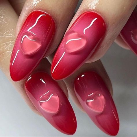 Found on Cosmos Red Monochrome Nails, Fun Design Nails, Heart Nails Red, Red Aura Nails, Raspberry Nails, Nails Aura, Long Nail Beds, Match Nails, Red Press On Nails