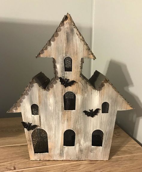 Jennie on Instagram: “Shout out to @mothering_wildones & @erica_in_the_adk for your Dollar Tree Haunted House ideas!! I took a little inspiration from each of…” Dollar Tree Wood Haunted House, Dollar Tree Wooden Haunted House, Dollar Tree Haunted House Wood Cutout, Haunted House Craft Ideas, Dollar Tree Haunted House Cutout, Wood Haunted House, Dollar Tree Haunted House, Wooden Haunted House, Halloween Haunted House Diy