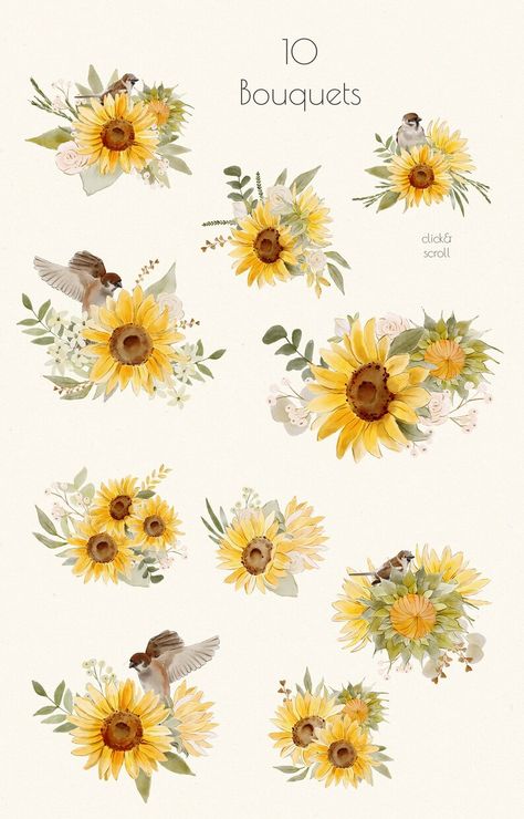 Watercolour Sunflowers Watercolor Painting, Watercolor Clipart Flowers, Sunflower Watercolor Painting, Sunflower Printable, Sunflower Illustration, Sunflower Watercolor, Sunflower Clipart, Sunflower Wedding Invitations, Spring Pattern