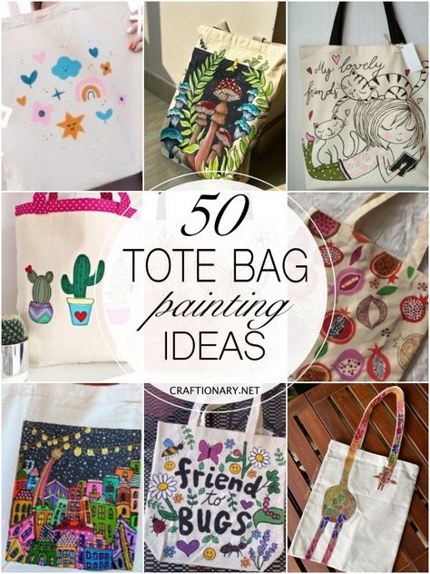 50 Tote bag painting ideas - Craftionary Paint On Tote Bag Ideas, Paint On Canvas Bag, Painting Canvas Tote Bags, Hand Painted Bags Ideas, Diy Canvas Bags, Diy Canvas Tote Bag Paint, Diy Canvas Bag Decorating, Decorating Tote Bags, Cute Acrylic Painting Ideas