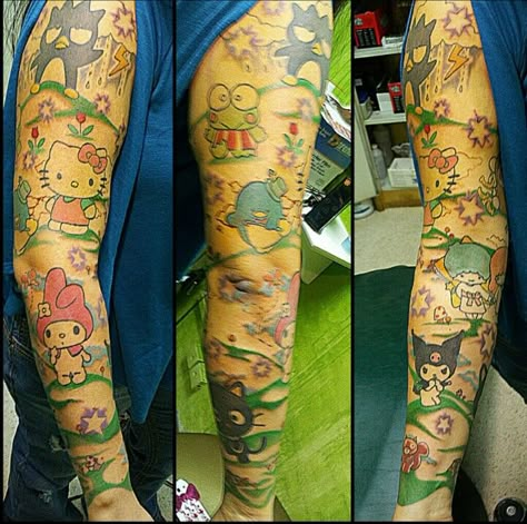 My wonderful Sanrio sleeve Sanrio Sleeve Tattoo, Hello Kitty Sleeve Tattoos, Hello Kitty Tattoo, Kitty Tattoos, Kitty Tattoo, Hello Kitty Tattoos, Aesthetic Tattoos For Men, Wicked Tattoos, Hello Kitty Beach