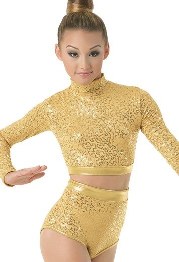 Long-Sleeve Sequin Top | Balera™ Gold Dance Costumes, Long Sleeve Sequin Top, Pretty Dance Costumes, Tap Costumes, Lyrical Dresses, Costume Inspo, Dance Accessories, Dance Shorts, Paneled Skirt