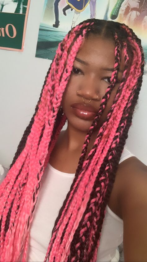 pink box braids knotless box braids gold septum Pink Braids With Black Roots, Pink And Black Mixed Braids, Light Pink Braids, Pink Box Braids, 3c Hair Type, Pink Braids, 3c Hair, French Curl, Beautiful Black Hair