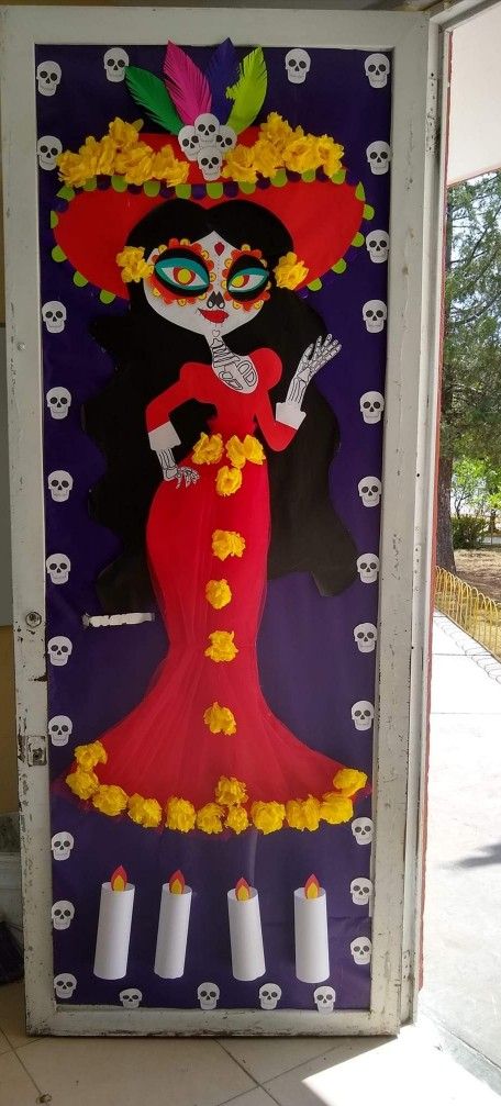 Dia De Los Muertos Classroom Door Ideas, Day Of The Dead Door Decorations, Airport Party, Halloween Classroom Door, Dia De Los Muertos Decorations Ideas, Diy Classroom Decorations, Kids Fall Crafts, Art Classroom Decor, Halloween Classroom