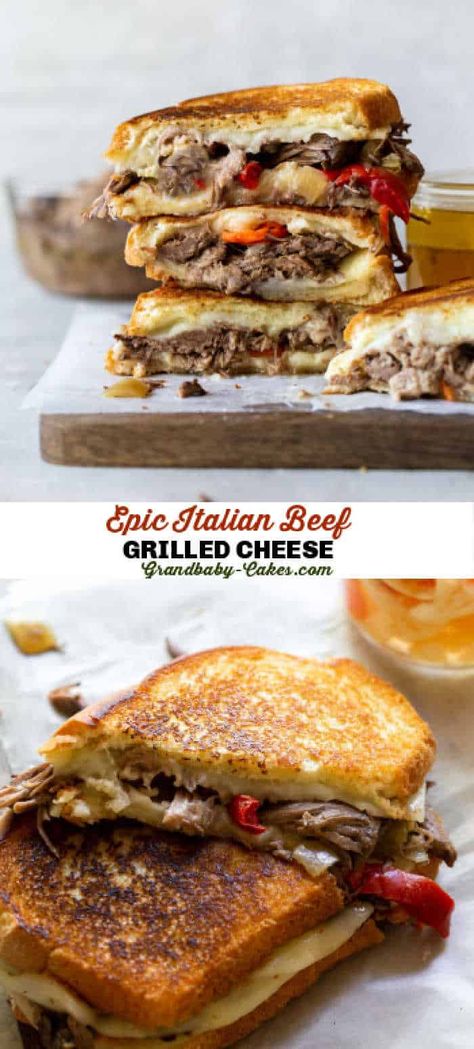 This Chicago Italian Beef Grilled Cheese combines tender, shredded beef and perfectly seasoned beef stock, and pickled peppers made in a Slow Cooker with the melty, buttery goodness of a grilled cheese. #grilledcheese #sandwich #italianbeef #beef #chicagoitalianbeef #cheese Beef Grilled Cheese, Chicago Italian Beef, Italian Beef Recipes, Pickled Peppers, Italian Beef, Gourmet Burgers, Beef Sandwich, Simple Sandwiches, Slider Recipes