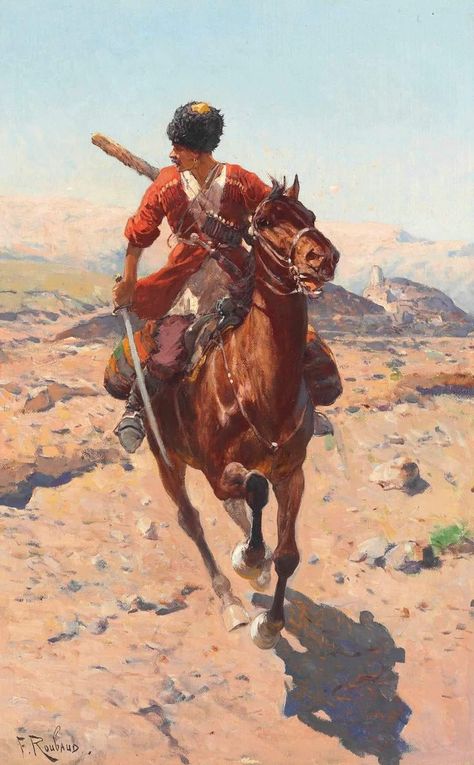 Frants Roubaud (Ukrainian, 1856–1928) "A Cossack galloping on horseback" (n.d.) Oil on canvas (62.2 x 39.4 cm) Private collection. Napoleon Painting, John Davidson, Military Images, Russian Painting, Academic Art, West Art, On Horseback, Ukrainian Art, The Buffalo