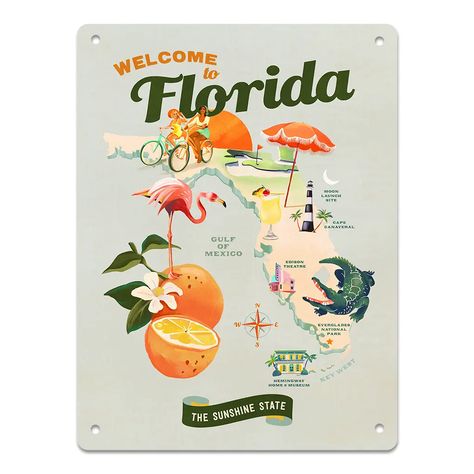 Wholesale Florida U.S Adventure Road Trip Design: Aluminum Sign for your store | Faire Welcome To Florida, Trip Design, Florida Poster, Road Trip Travel, Whiskey Ginger, Florida Art, Old Florida, Vintage Florida, Stationery Cards