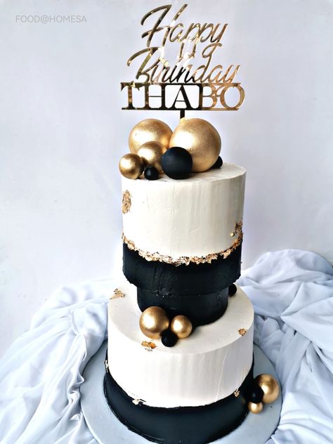 White Gold And Black Cake, 2 Layer Cake Birthday, 2 Layer Cake Birthday Design, Black White Gold Cake, Cake Birthday Design, 3 Tier Birthday Cake, White And Gold Cake, 2 Layer Cake, Tier Birthday Cake